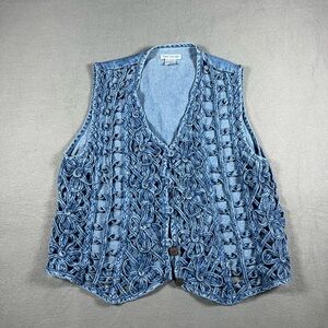 Vintage Sara Studio Hand Woven Floral Denim Vest Women Size Medium